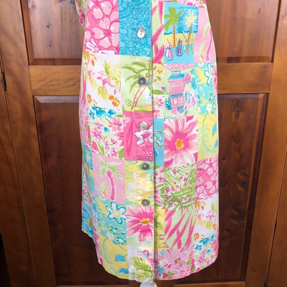 Vintage Palm Lily Cottagecore Sleeveless Boho Patchwork Button Front Shirt Dress - Picture 5 of 16